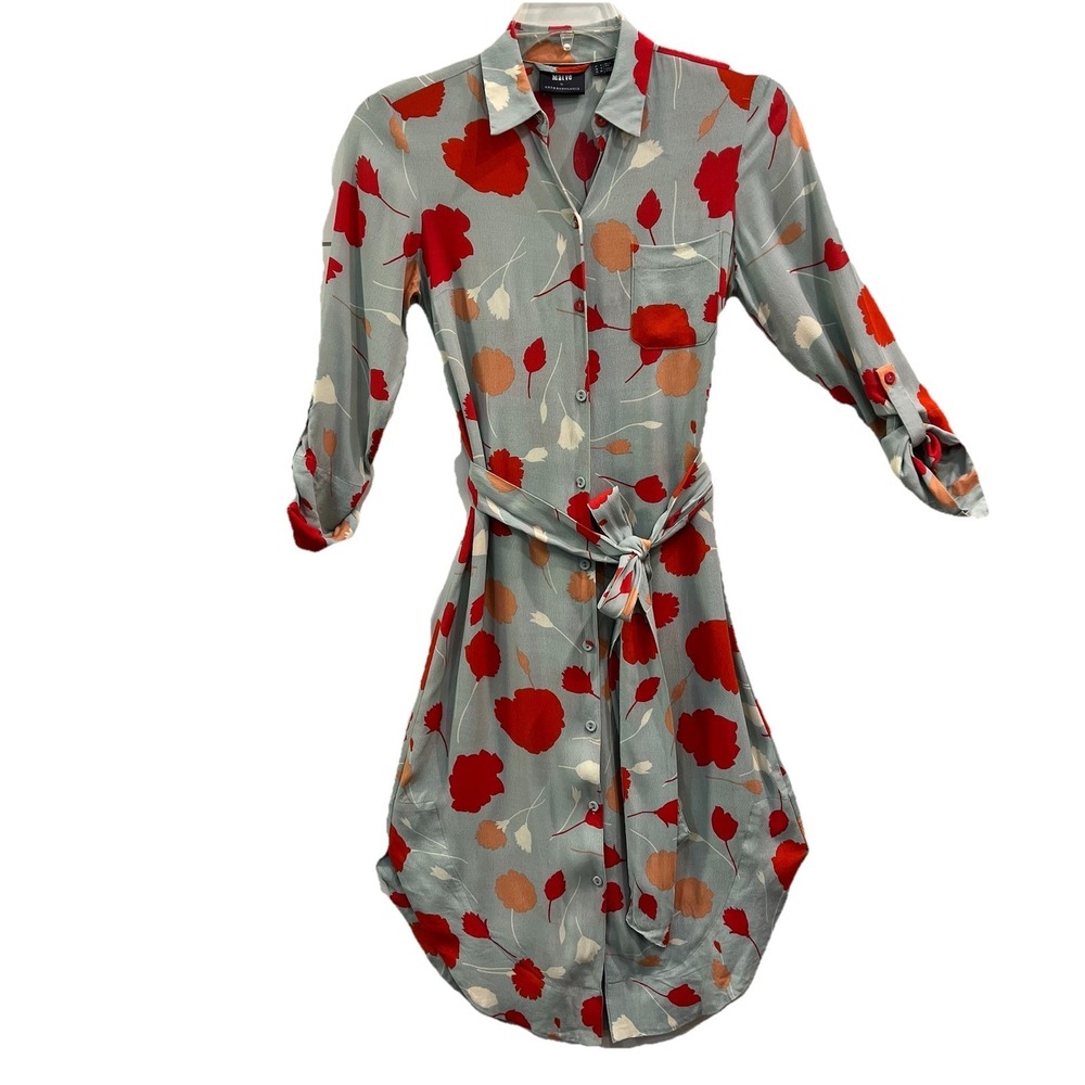 Anthropologie Maeve Midi Shirt‎ Dress Size 0 Martina Floral 3/4Sleeve Sea Green